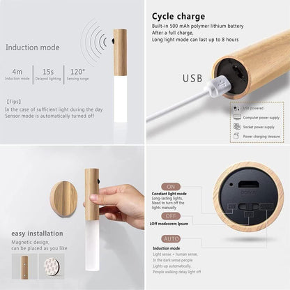 Rechargeable Battery Night Light, Motion Sensor LED Wall Lights, 3-Modes Switch, Wireless Portable USB Wall Sconces, Mini Wood Stick Magnetic