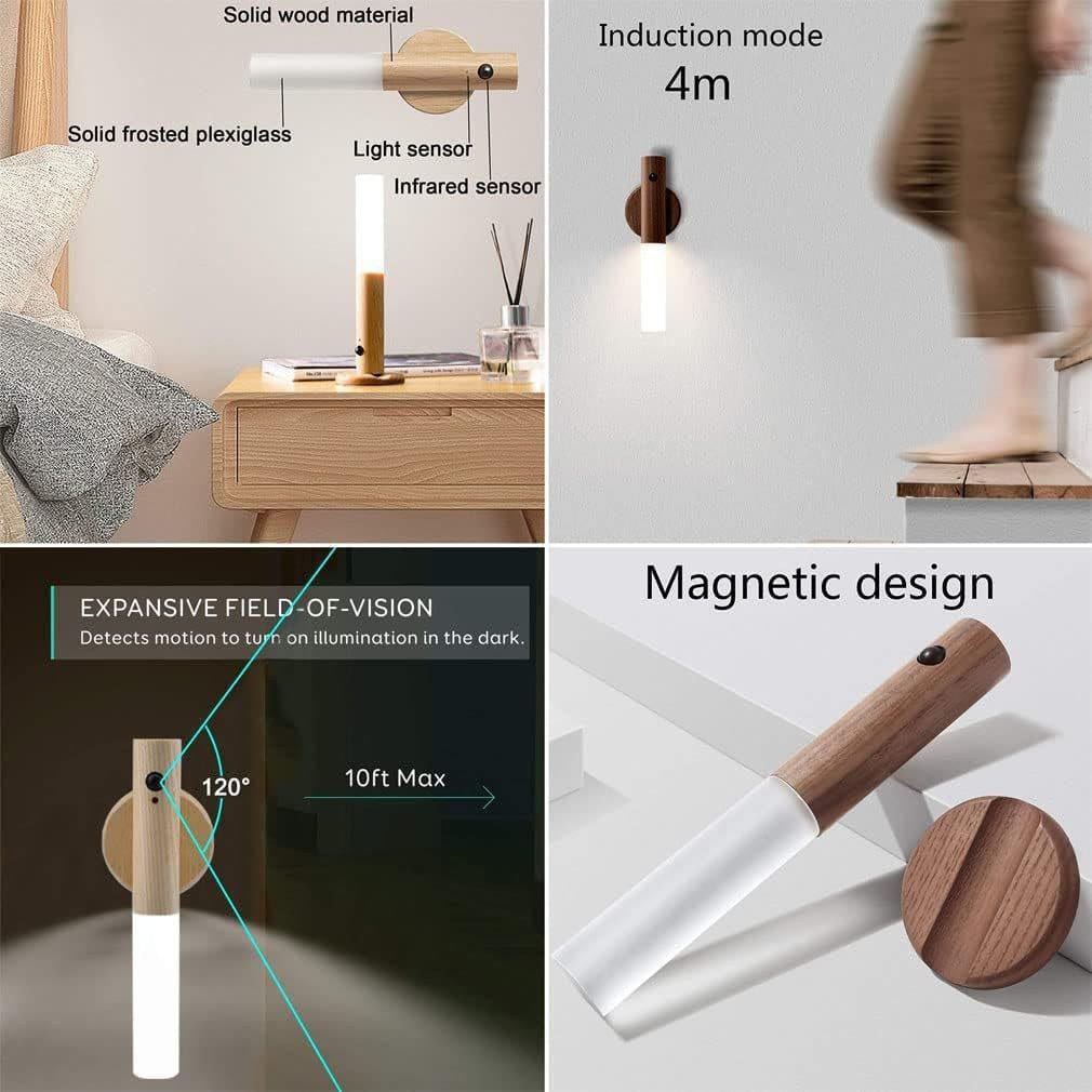 Rechargeable Battery Night Light, Motion Sensor LED Wall Lights, 3-Modes Switch, Wireless Portable USB Wall Sconces, Mini Wood Stick Magnetic