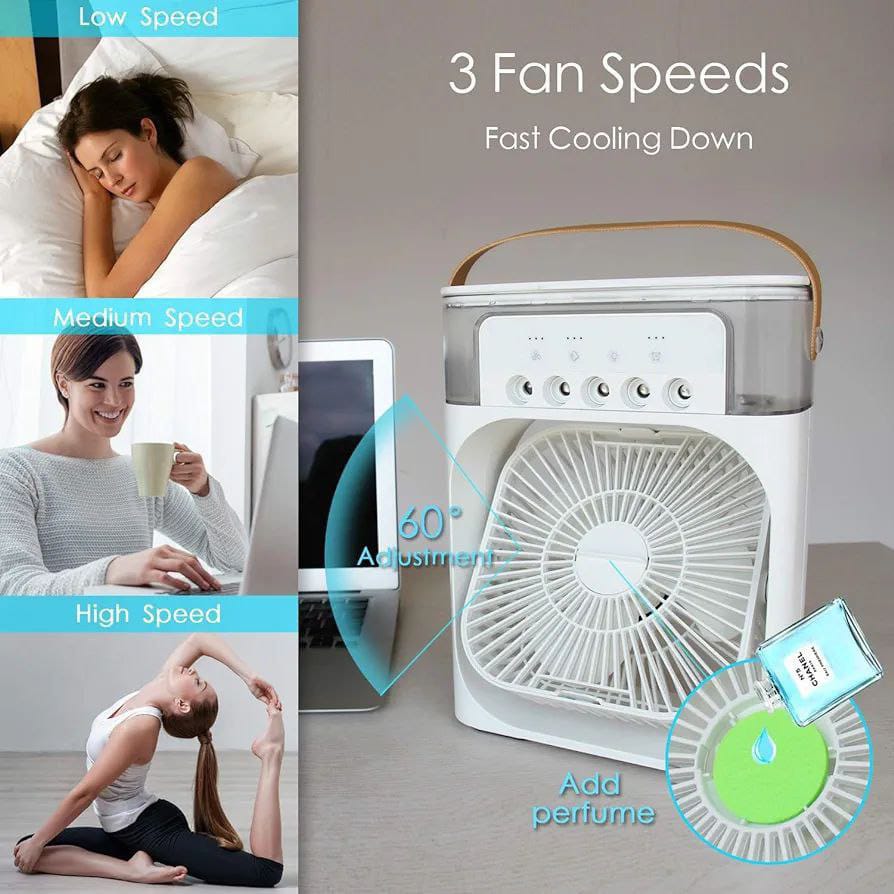 Portable Fan Cooling Mini Air Conditioner Evaporative Air Cooler Water with 5 Sprays, 7 Colors LED Personal AC USB Desk Fan Best Office (White)