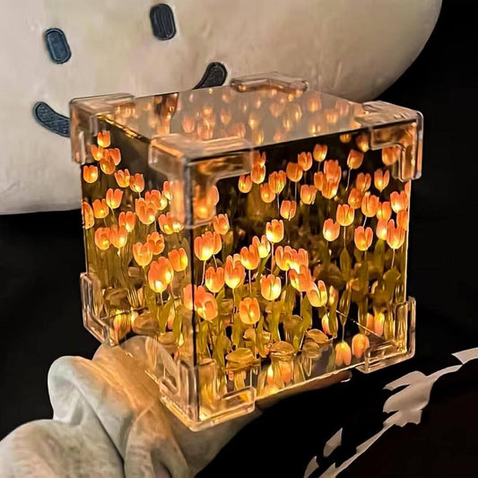 Tulip Lamp 30 Flowers LED Decorative Lamp Tulip Lamp Mirror Lights for Home Decoration Handmade DIY Magic Cube Tulips Flower Table Lamp and Mirror Decorative Lights Square