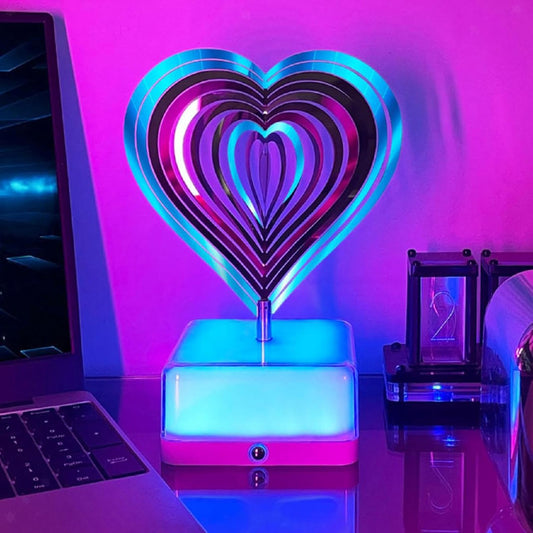 Modern Wind Spinner RGB Table Lamp, Unique LED Art Decoration Bedside Touch Nightstand Lights, Metal Art Geometric Pattern Desk Lamp for Bedroom Living Room Home Office (Heart Shape)